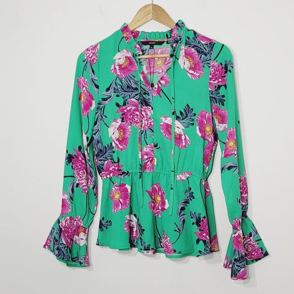 Vero Moda Tops - Vero Moda Aqua Green Floral Long Sleeve Peplum Blouse Shirt Top Ruffle Neck XS